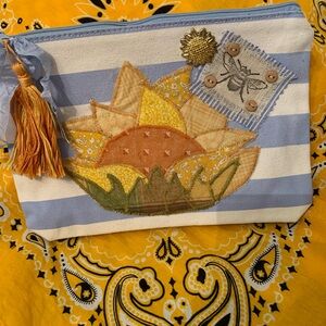 Sunflower Embroidered Striped Pouch
